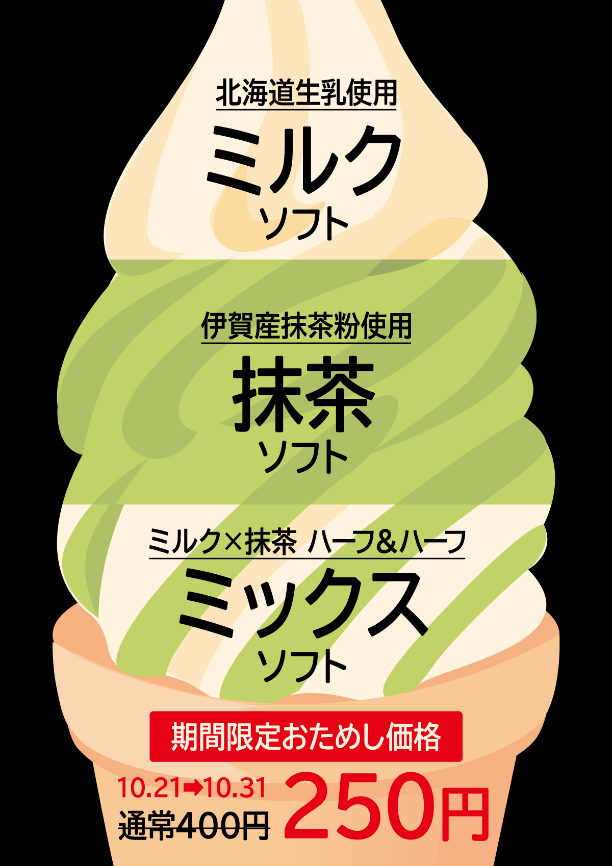 「天然温泉 芭蕉の湯」カフェに、ソフトクリームが登場！　北海道生乳使用の「ミルクソフト」、伊賀産抹茶使用の「抹茶ソフト」、ミルクと抹茶のハーフ＆ハーフ「ミックスソフト」が、通常400円のところ、10月21日から31日まで期間限定、お試し価格で250円。