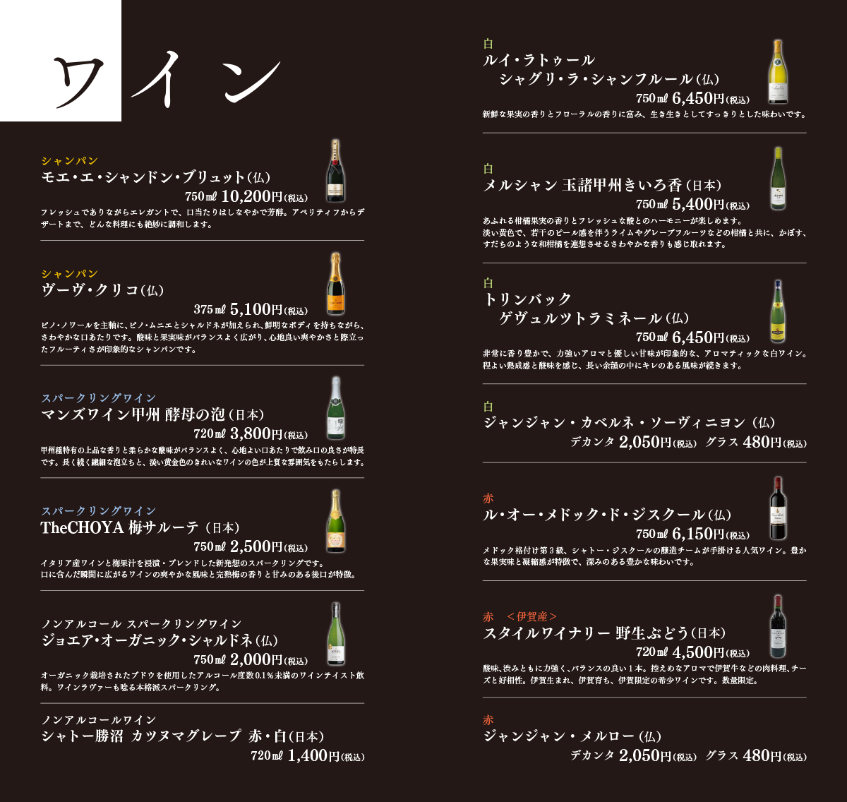 ワインのリスト。